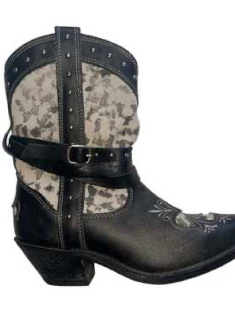 Western-Inspired Black and Cream Ankle Bootie with Buckle Strap